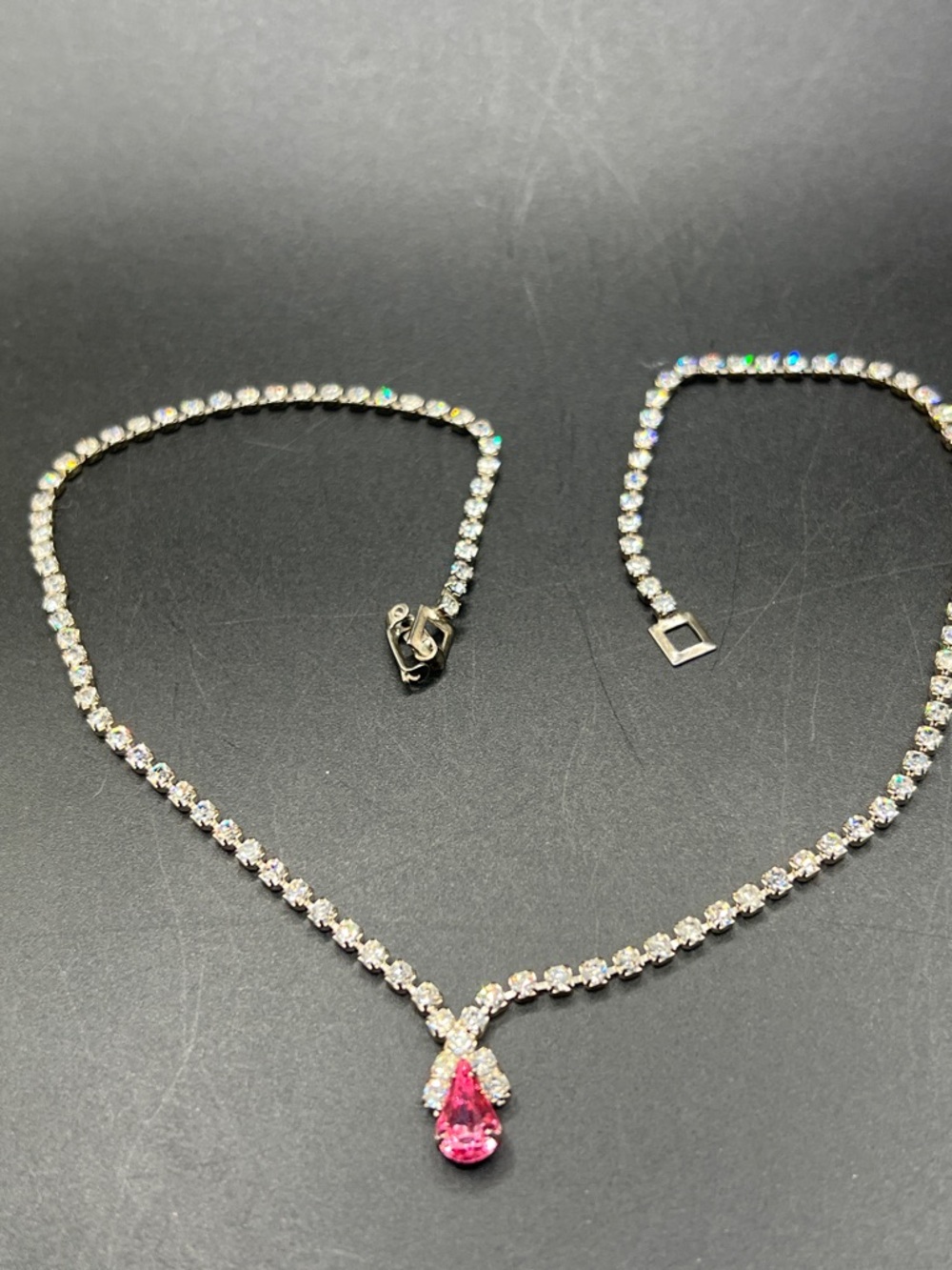 Vintage Clear Crystal Necklace silver tone, 33